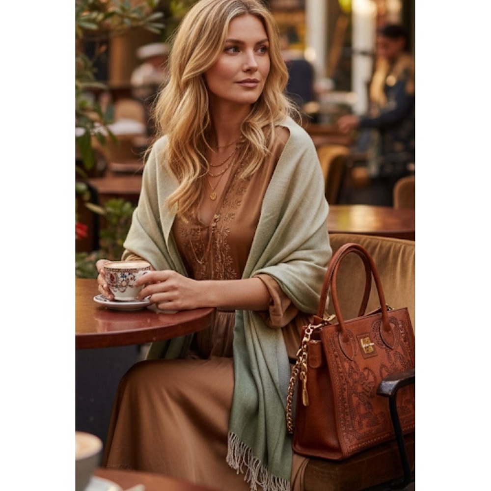 Heritage Cashmere 95% lambswool luxury pashmina shawl tan light green ombre 355
